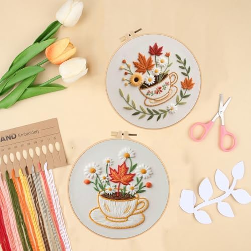 Konrisa Flower Cup Embroidery Kits for Adults,Creative Floral Embroidery Starter Kit DIY Sewing Practice with Hoop,Needlepoint Cross Stitch Kit, Set of 2