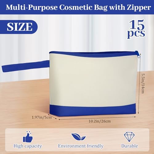 Silkfly 15 Pcs Cotton Canvas Makeup Bags Cosmetic Zipper Bags 10.2 x 5.5 x 2'' Blank DIY Pouch Bulk Pencil Case with Bottom Travel Toiletry Pouch for Women Craft Decor Gift (Beige and Blue)