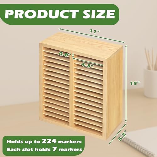 PROLEE Marker Organizer for 224 Markers, Wooden Alcohol Marker Holder with 32 Compartments, Horizontal Art Pen and Pencil Storage Rack for Desk, Classroom and Studio, Natural