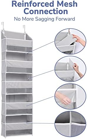 ULG 1 Pack Over Door Organizer with 5 Large Pockets 10 Mesh Side Pockets, 44 lbs Weight Capacity Hanging Storage Organizer with Clear Window for Kids Toys, Shoes, Diapers, Grey, 5 Layer