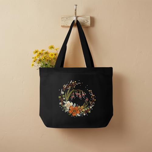 ERKOON Canvas Tote Bag Embroidery Kit for Beginners, Floral Arts Crafts Cross Stitch Kits for Adults Including Stamped Embroidery Bag with Hoops, Needle, Instruction and Color Threads (Flower)