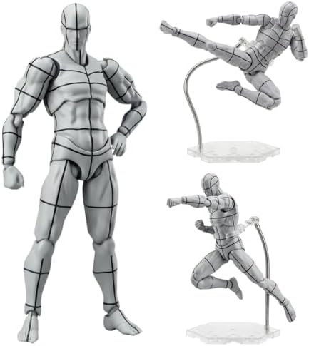 Ceenna Body Set, Action Figure Wireframe Adjustable Articulated Drawing Model Manikin Art Mannequin Figure for Artists Designers Sculptors Sketching Painting, Gray with Black Lines