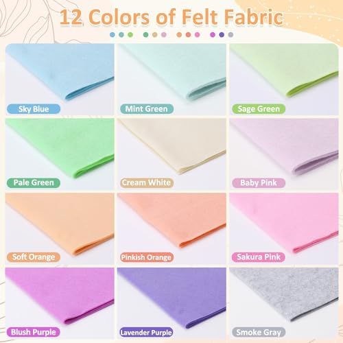 XSEINO 12 Rolls 8"x35" 1.4mm Thick Soft Felt Fabric Sheet 12 Assorted Mist Series Colors Felt Pack for DIY Craft Sewing Squares Nonwoven Patchwork