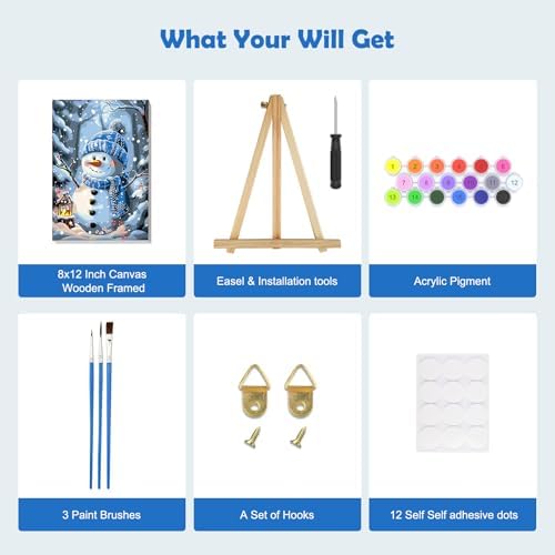 MOGTAA Christmas Paint by Numbers Kit for Adults Beginners with Frame, Christmas Snowman Adult Paint by Number Kits on Canvas with Easel, Easy DIY Winter Oil Painting Kits for Home Decor, 8x12in