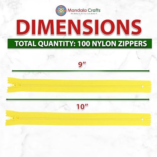 Mandala Crafts 100 PCs Yellow Closed-End 10 Inches Nylon Zippers for Sewing