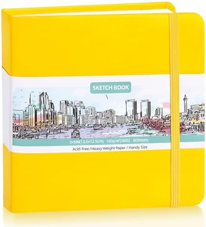 Hardcover Pocket Sketchbook, 5" × 5", 80 Sheets Small Sketch Book, Yellow