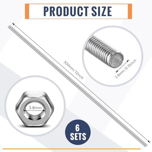 LEIFIDE 8/32 Inch 4mm Threaded Rod with Hex Nuts 4mm Stainless Steel Threads Studs Rods Stainless Steel Fully Threaded Hex Nuts for Beaded Garden Stake Rods(12 Pcs,12 Inch)
