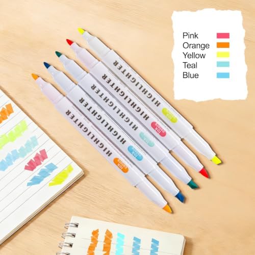 30 Count Dual-Tip Highlighters, 5 Pastel Colors Fine & Bold Tip, Quick-Dry Non-Bleeding Highlighter Markers for Bible Journaling,School,Office,Notes (5 colors*6pcs highlighters)