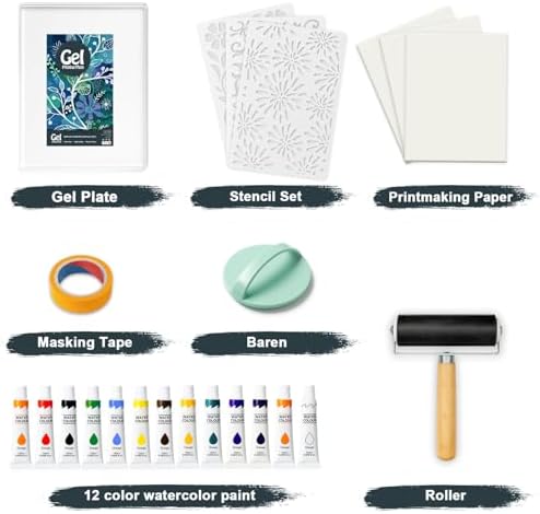 INNOVAYOU 8 * 10inch Gel Plate Printing Kit, Set with Gel Printing, Rubber Roller, Watercolor Paints, Stencils, Printing Paper, Masking Tape and Baren, for Card Making, Arts and Crafts