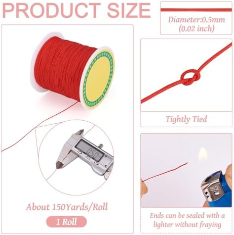 150 Yards Braided Nylon Cord Chinese Knotting Cord 0.5mm Red String for Bracelet, Nylon Beading Thread for Kumihimo Necklace Jewelry Tassels Craft
