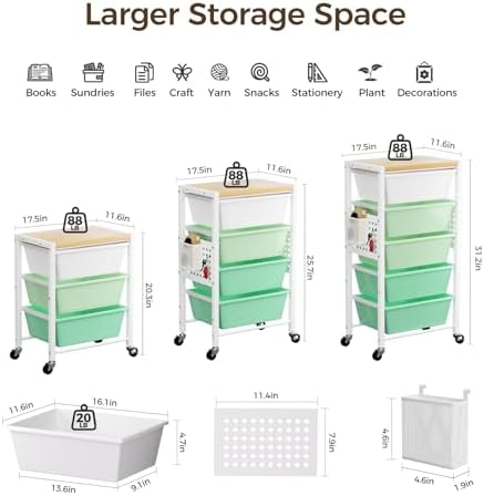 Rolling Cart with 4 Drawers, Plastic Drawer Storage Carts with Wheels & Wooden Tabletop, Metal Utility Cart with Pegboards, Office Living Room Classroom Craft Organization and Storage, Bright Green