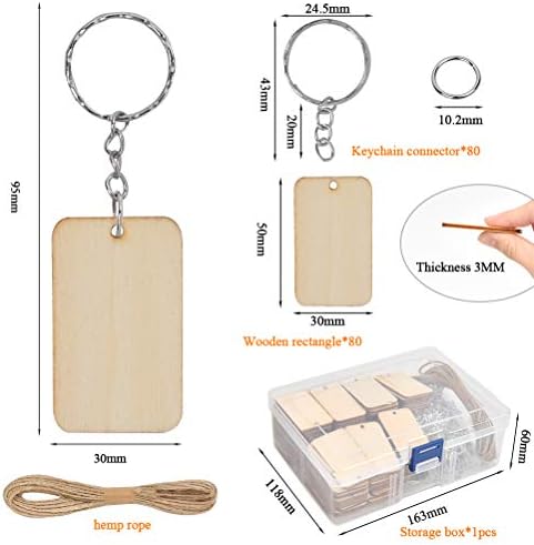 BUYGOO 80pcs Unfinished Wooden Keychain Set with 80 Key Rings and Hemp Rope for DIY Craft