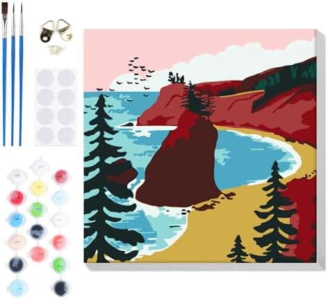 Bowetile Framed Paint by Numbers Landscape Kit for Adults, Adults' Paint-by-Number Kits on Canvas, Painting by Numbers, DIY Acrylic Number Painting for Home Wall Decor, 8x8in