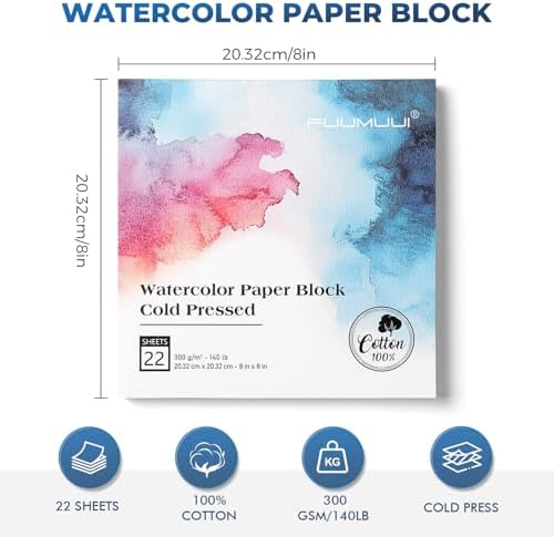 Watercolor Paper Block 8x8 Inch, Fuumuui 100% Cotton Watercolor Paper Pad of 22 Sheets, 140lb/300gsm, Acid-Free Cold Pressed Art Paper for Painting, Drawing, Art Journaling, Wet, Mixed Media