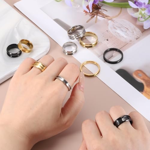 MECCANIXITY 3 Pcs Titanium Steel Ring Blank, 8mm Width Grooved Inlay Ring Blanks for Jewelry Making DIY Craft Supplies(Black/Gold/Silver, Size 13)