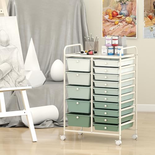 Giantex 15 Drawers Rolling Cart, Classroom Organizers, Storage Cart with Wheels, for Teacher Office Home School Supplies Tool Craft Art Paper, Green Gradient