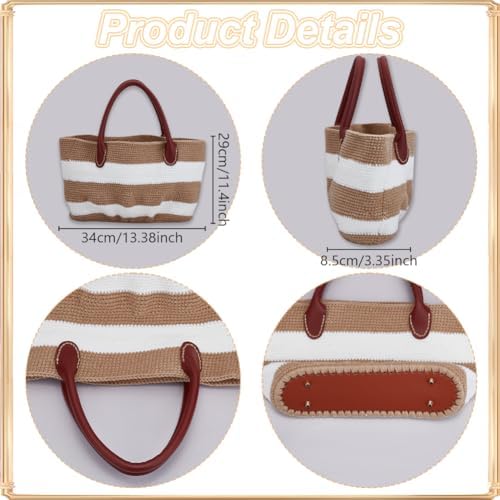 ORIGACH DIY Crochet Handbag Kit for Beginners, Khaki Striped Crochet Bag with PU Leather Band and Base, Complete Crochet Set to Make a Bag, Include Yarn, Crochet Hooks, Markers and Instruction
