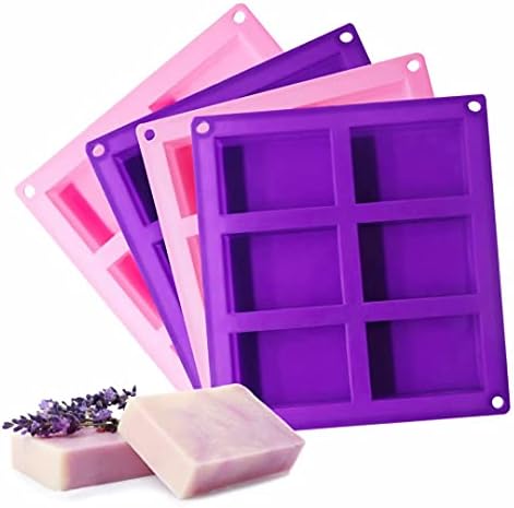Bangp 4 Pack Silicone Soap Molds with 100pcs 3.5x5 inches Bags | Rectangle Soap Molds for Soap Making,6 Cavity Silicone Molds for Craft Soap,Chocolate,Jelly,Cake and Ice Cubes(Purple & Pink)