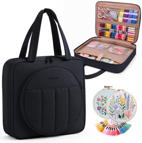 Puffy Embroidery Project Bag, Quilted Embroidery Floss Organizer for Hoops up to 11", Cross Stitch Project Storage Case for Needlepoint Project, Thread & Stitch Tools