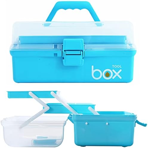 Kinsorcai 12'' Three-Layer Clear Art Box Organizer, Multipurpose Plastic Craft Box with Handle (Blue)