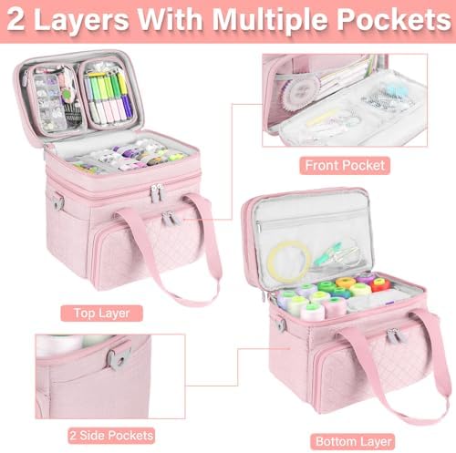 Double-Layer Sewing Organizer Bag with Detachable Pockets, Pink