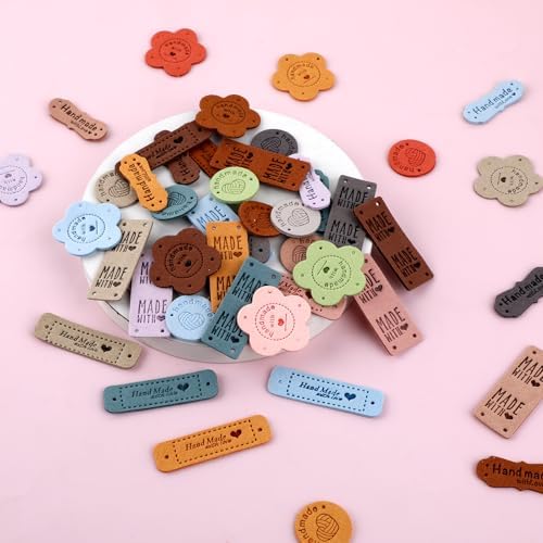 50pcs Handmade Tags for Crochet Handmade Leather Labels Faux Handmade with Love Leather Tags for Handmade Items Embellishment Knit Accessories with Hole for DIY Crafts Sewing Crochet Knitting Hats