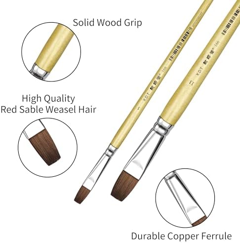 XDT#166B Bright Artist Paint Brush 6 Piece Set, Red Sable Flat Paint Brushes for Watercolor, Acrylic, Oil and Canvas Painting