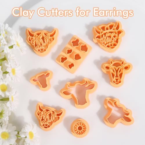 Puocaon Sunflower Highland Cow Earring Cutters - 9 Pcs Sunflower Highland Clay Earrings Making Kit Dairy Cow Animal Stud Clay Cutters for Jewelry Making