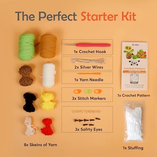 A-URA Learn to Crochet Kit for Beginners Kids and Adults, Premium 4 Animal Pattern Beginner Crochet Kits with Easy Tube Yarn & Step-by-Step Video Tutorials (Plants Crochet Kits)