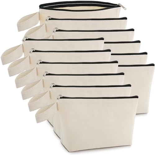 12PCS Bulk Makeup Bags, 12Oz Thicker Cotton Canvas Zipper Pouches with Bottom for Cosmetic Stationery Organization, Plain Pouch for Iron On Crafts Embroidery (Beige, S, 9x4.7x1.5'')