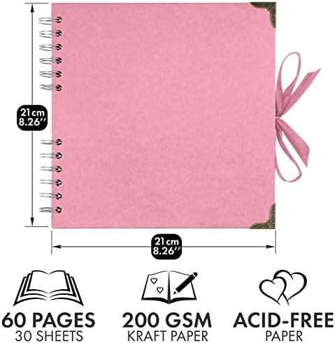 Bstorify Square Scrapbook Photo Albums 8 x 8 Inch Pink Thick Paper, Hardcover, Metal Corners, Ribbon Closure - Ideal for Your Scrapbooking Albums, Art & Craft Projects | Hardcover with Thick 200 GSM Kraft Paper, Ideal for Your Scrapbooking Albums, Art ...