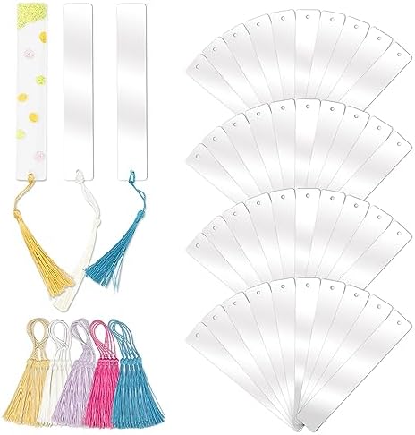 Acrylic Bookmarks Blanks Bulk 80PCS Rectangle Clear Bookmark Plastic Blank 40 Sets with 5 Color Tassels for Vinyl DIY Craft (5.9 * 1.0 inch)