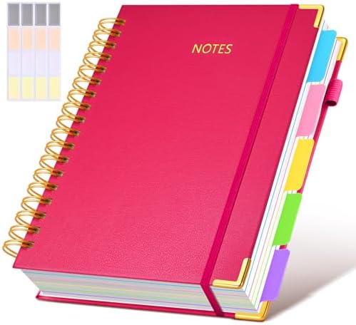 Hardcover Spiral Notebook Journal with Removable Dividers Tabs, 300 Pages Leather 5 Subject Notebook College Ruled, 8"x10" Large B5 Notebooks for Work School Note taking, Lined Journal for Women, Rose