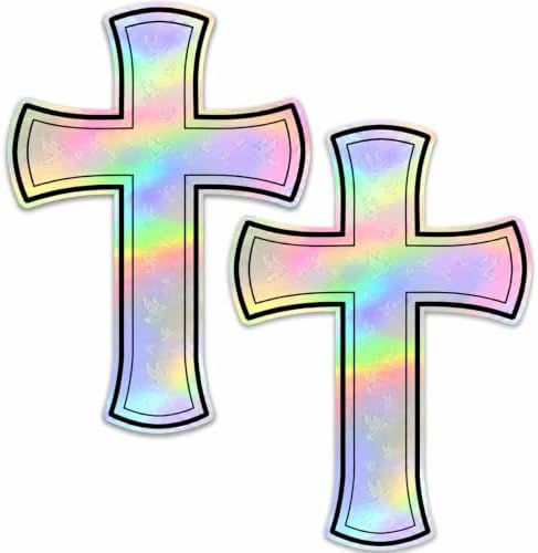 Christian Holographic or Reflective Cross Car Decal, Jesus Cross Vinyl Sticker with Subtle Dove or Heart Pattern, Weather Resistant (Hologram Dove - 2 Pack)