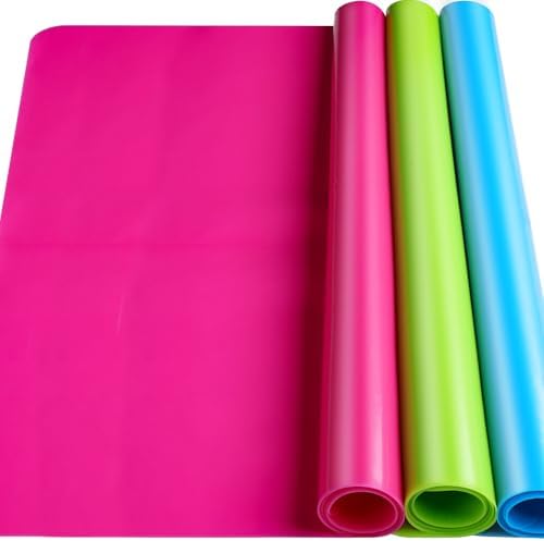 LEOBRO Silicone Mat for Crafts, 3 PCS 23.4” x 15.6” Large Silicone Mats, Craft Mats for Resin Molds, Clay, Dough, Jewelry Making, Sculpture Casting, Hot Pink & Green & Blue