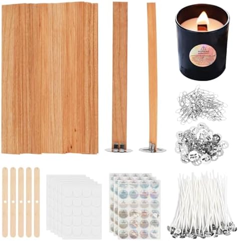 150Pcs Wooden Candle Wicks Kit, 100 Cotton and 50 Cherry Wood Wicks, DIY Candle Making Kit for Soy and Beeswax, Include Complete Tools (Wick Holders, Wick Clips, Wick Stickers)