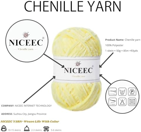 NICEEC 3 Skeins Soft Chenille Yarn 3 x85m (3X 93yds, 3X 50g)_Light Yellow