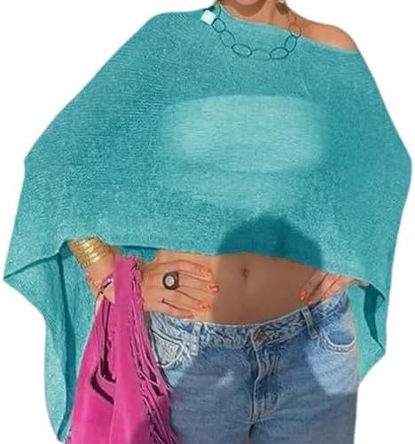 Women Knit Poncho Top Sheer Crochet Shawl Cover Up