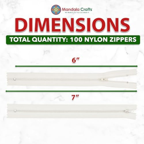 Mandala Crafts 100 PCs Off White Closed-End 6 Inch Nylon Zippers for Sewing