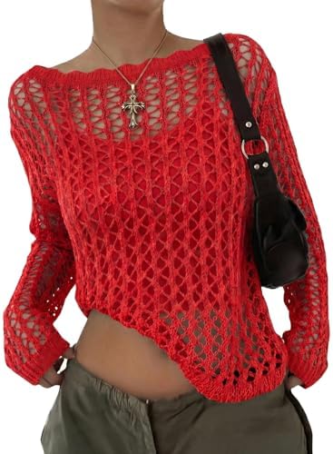 EVALESS Crochet Tops for Women Long Sleeve Hollow Out Knit Sweaters