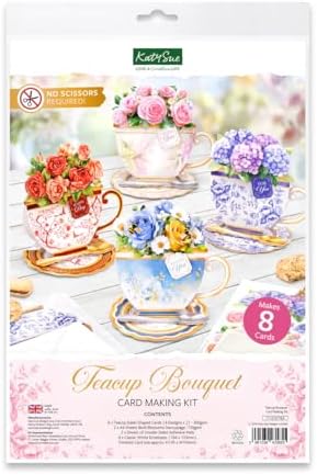 Katy Sue Teacup Bouquet Card Making Kit – Make 8 Freestanding Floral Teacup Easel Cards. Contains Shaped Cards, Die-Cut Decoupage, Adhesive Foam Pads, Envelopes & Instructions for Card Making Supplies