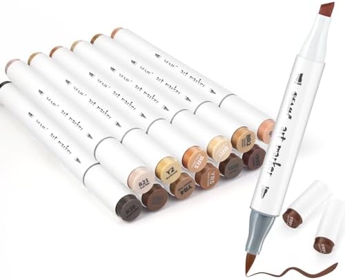 SFAIH Skin Tone Alcohol Markers Brush & Chisel - 12 Dark Portrait Colors, Blendable & Refillable Permanent Art Markers for Adults/Teen/Artists/Creators & Illustrators