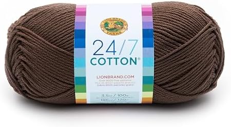 Lion Brand Yarn, 24/7 Cotton Yarn, Cafe Au Lait, Brown, 1 Pack