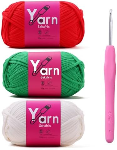 Crochet Yarn 150g/163.5yds Cotton Yarn for Crocheting - Crochet Knitting Yarns for Beginners with Easy-to-See Stitches - Yarn for Crocheting - Chunky Yarns (Crimson+Christmas Green+White