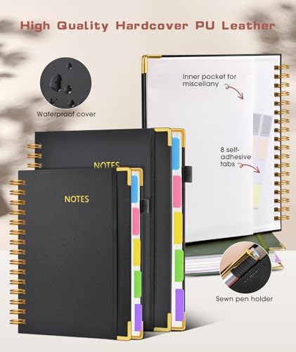 Hardcover Spiral Notebook journal with Removable Dividers Tabs, 300 Pages Leather 5 Subject Notebook College Ruled, 100GMS A5 Notebooks for Work School Note taking,Lined Journal for Women,A5-Black
