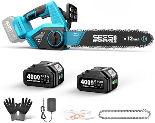 SEESII 12-Inch Electric Chainsaw Cordless, Brushless Motor | 2 x 4.0Ah Battery, Auto Oiling, Tree Saw with Tool-free Chain Tension, Wood Cutting Trimming Branch, Yard Work
