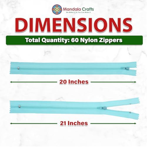Mandala Crafts 60 PCs Turquoise Closed-End 20 Inch Nylon Zippers for Sewing