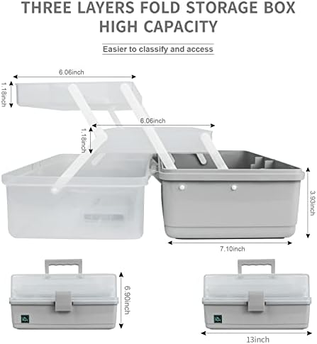 Creahaus 13 inch Art Craft Organizer Storage Box with 3 Layer, Multipurpose Plastic Tool Box with Handle for Sewing, Art Supply, Medicine, Nail, Hair Accessories (Grey)