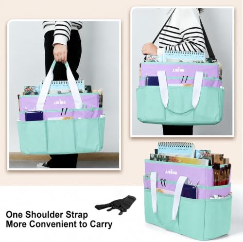 JJRING Craft Organizer Tote Bag Large Art Storage Caddy Green and Purple | With Multiple Pockets For Sewing, Scrapbooking, School, Medical, And Office Supplies