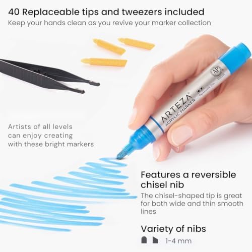 ARTEZA Acrylic Paint Markers, Set of 40 Acrylic Paint Pens in Assorted Colors, Art Markers for Glass, Pottery, Ceramic, Plastic, Rocks, and Canvas